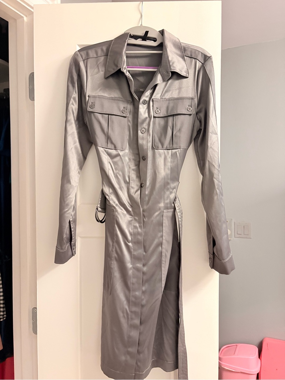 Women's Silver Satin shirt dress